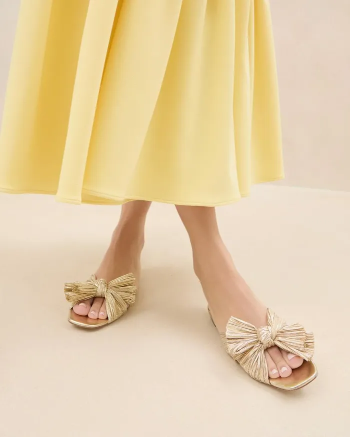 Women Flat Sandals Loeffler Randall Daphne Gold Pleated Slide Women Flat Sandals Loeffler Randall Daphne Gold Pleated Slide
