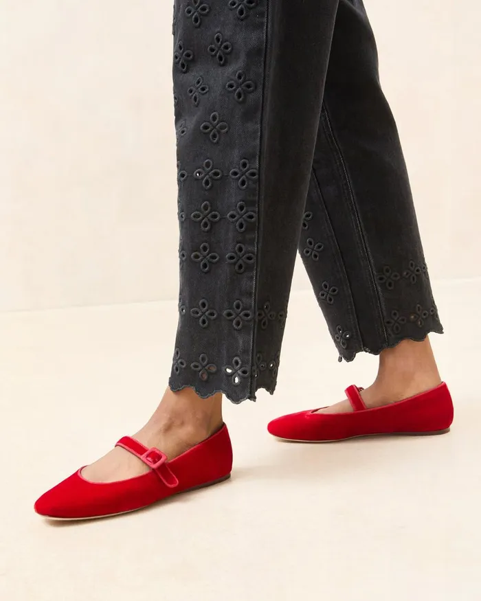 Women Flats and Loafers Loeffler Randall Ginger Red Velvet Mary Jane