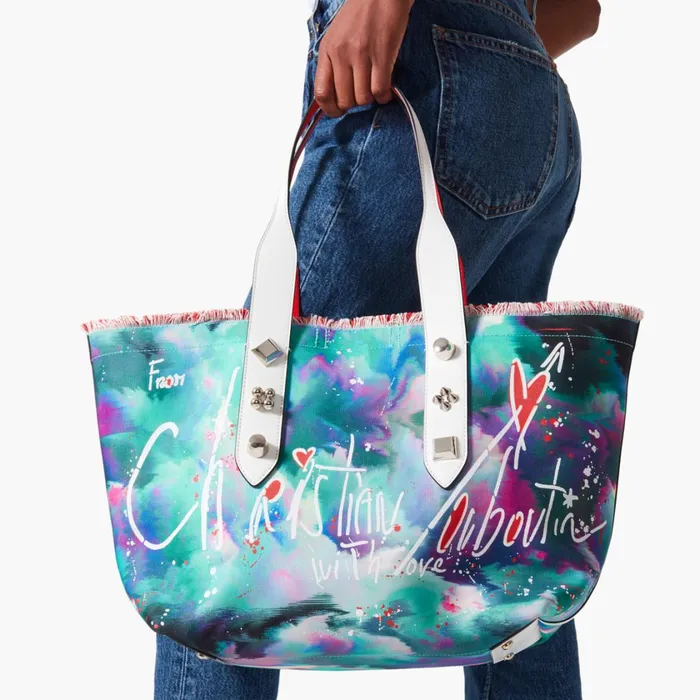 Women Frangibus Medium Tote Bag 8211 Canva Melancholia Print Calf Leather And Spikes 8211 Multicolor Multicolor Christian Louboutin Shoulder Bags