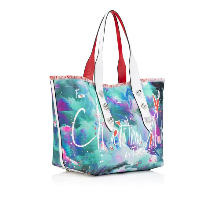 Women Frangibus Medium Tote Bag 8211 Canva Melancholia Print Calf Leather And Spikes 8211 Multicolor Multicolor Christian Louboutin Shoulder Bags