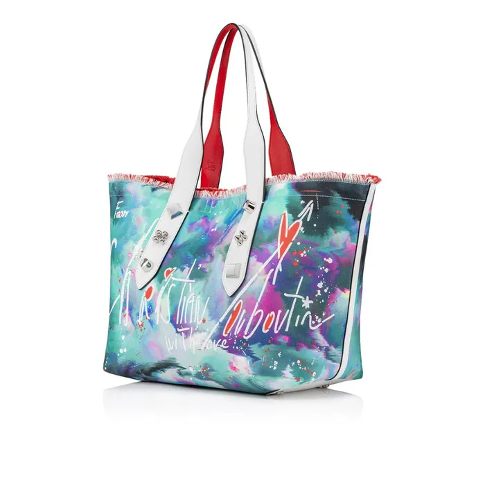 Women Frangibus Medium Tote Bag 8211 Canva Melancholia Print Calf Leather And Spikes 8211 Multicolor Multicolor Christian Louboutin Shoulder Bags
