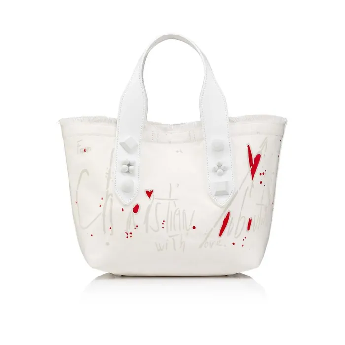 Women Frangibus Small Tote Bag 8211 Cotton Toile CL Print And Spikes 8211 Bianco White Christian Louboutin Top Handles Women Frangibus Small Tote Bag 8211 Cotton Toile CL Print And Spikes 8211 Bianco White Christian Louboutin Top Handles