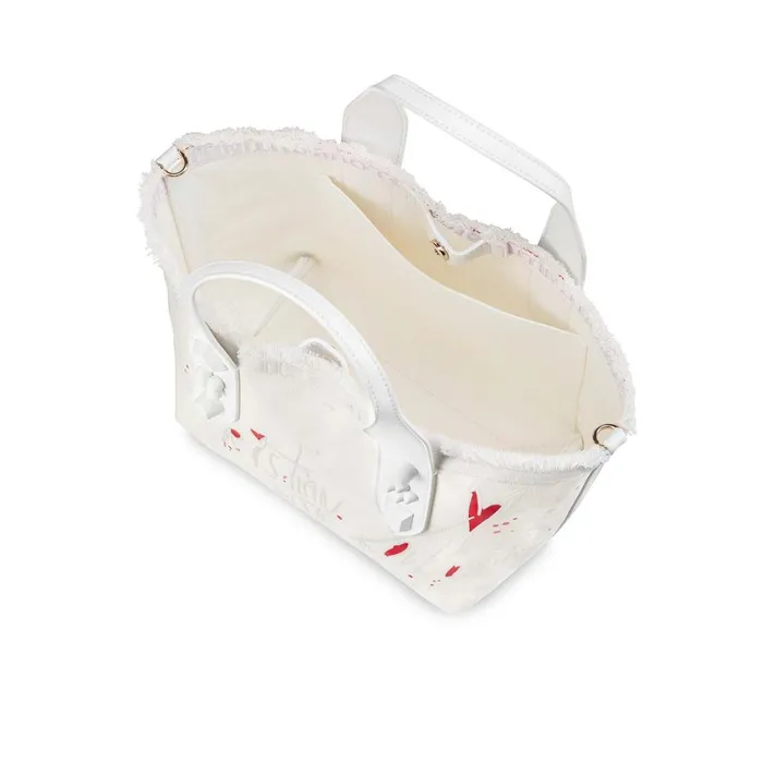 Women Frangibus Small Tote Bag 8211 Cotton Toile CL Print And Spikes 8211 Bianco White Christian Louboutin Top Handles