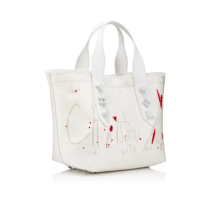 Women Frangibus Small Tote Bag 8211 Cotton Toile CL Print And Spikes 8211 Bianco White Christian Louboutin Top Handles