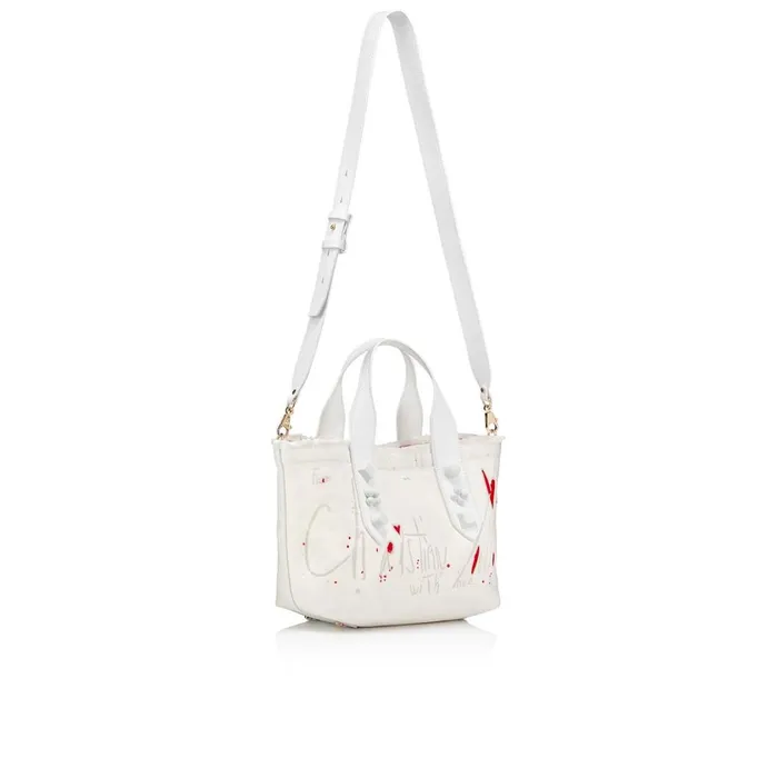 Women Frangibus Small Tote Bag 8211 Cotton Toile CL Print And Spikes 8211 Bianco White Christian Louboutin Top Handles
