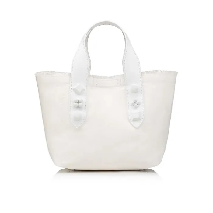Women Frangibus Small Tote Bag 8211 Cotton Toile CL Print And Spikes 8211 Bianco White Christian Louboutin Top Handles