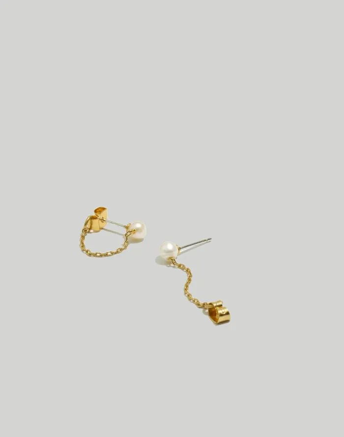 Women Freshwater Pearl Chain Stud Earrings Vintage Gold Madewell Jewelry