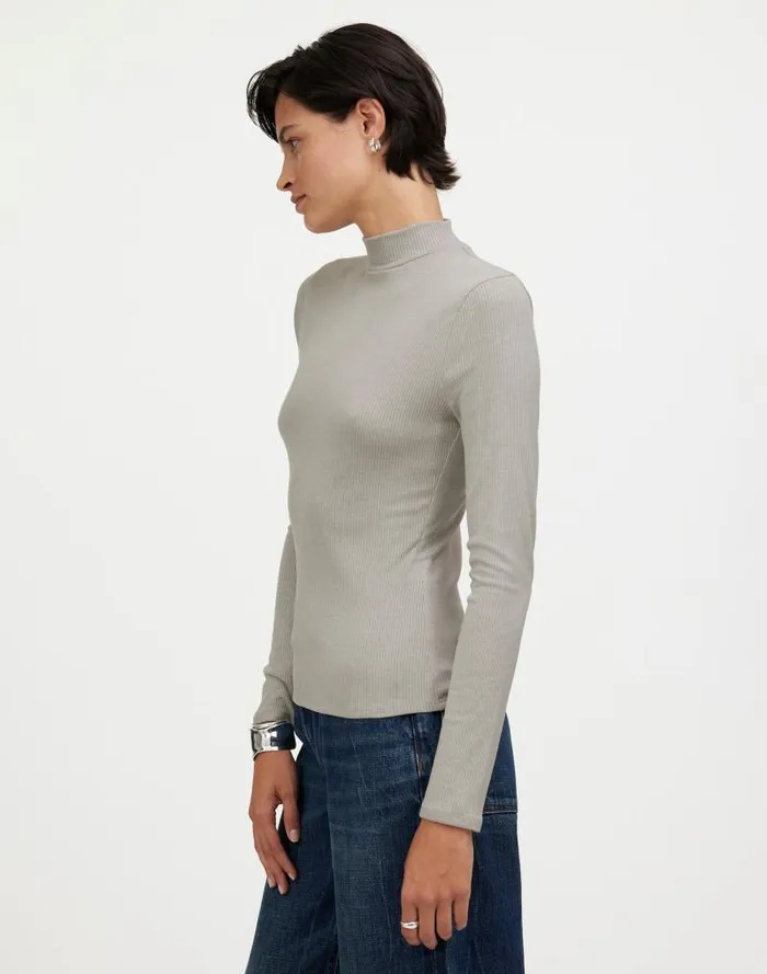 Women Heathered Drapey Rib LongSleeve Mockneck Top Hthr Steel Morning Madewell Tees