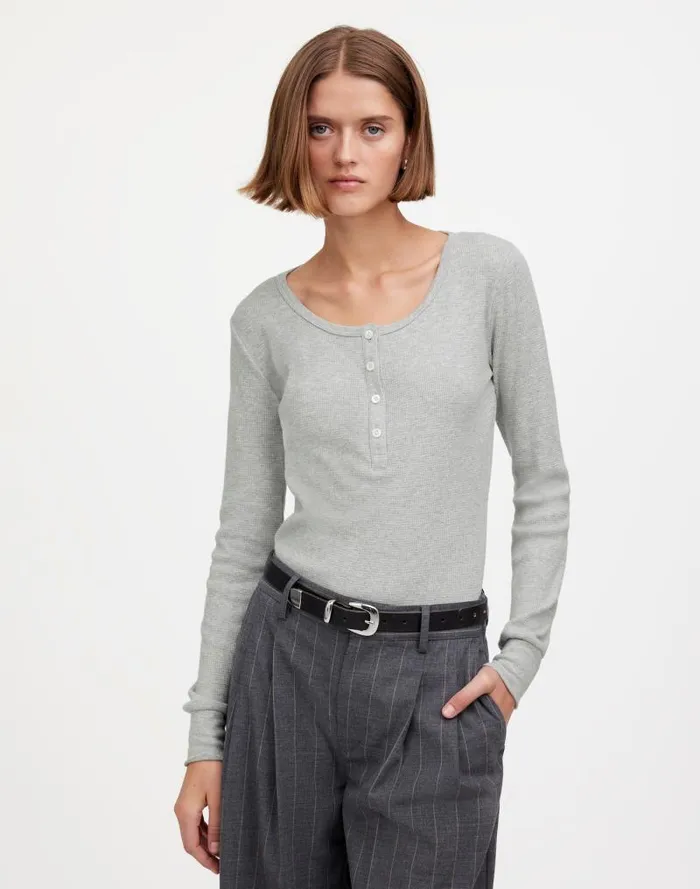 Women Heathered WaffleKnit Scoopneck Henley Tee Hthr Grey Madewell Tees