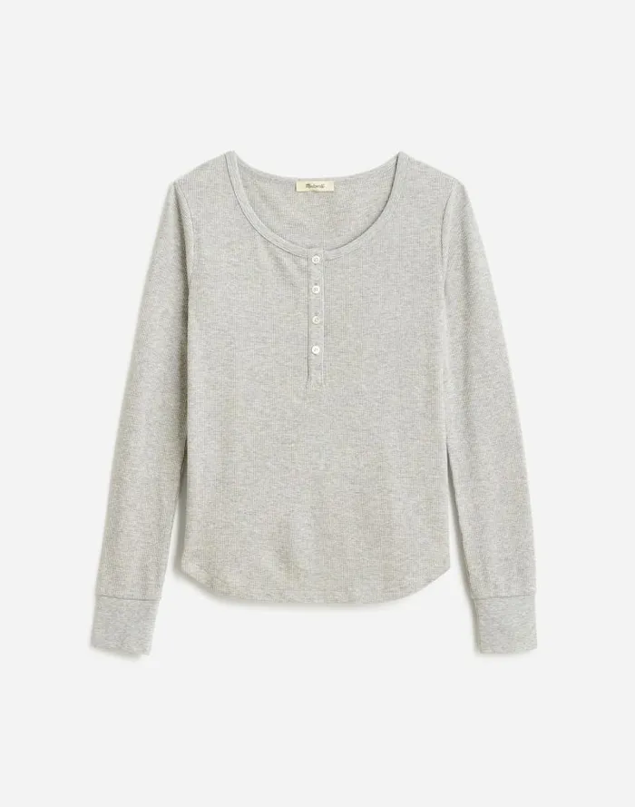 Women Heathered WaffleKnit Scoopneck Henley Tee Hthr Grey Madewell Tees