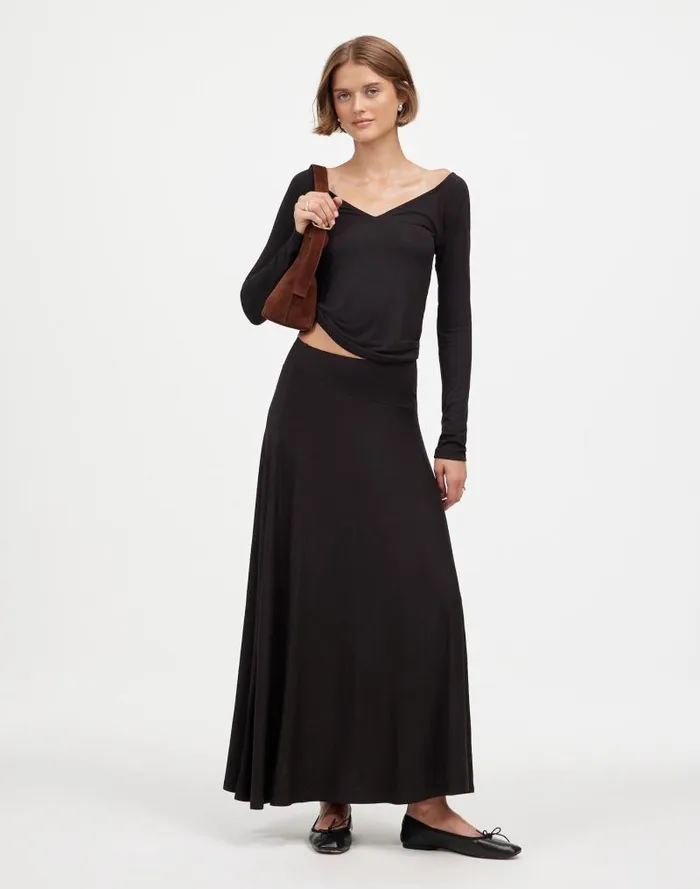 Women Jersey AsymmetricSeam Midi Skirt Jet Black Madewell Skirts