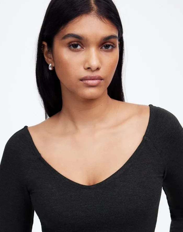 Women Jersey VNeck LongSleeve Top Hthr Charcoal Madewell Tops and Shirts