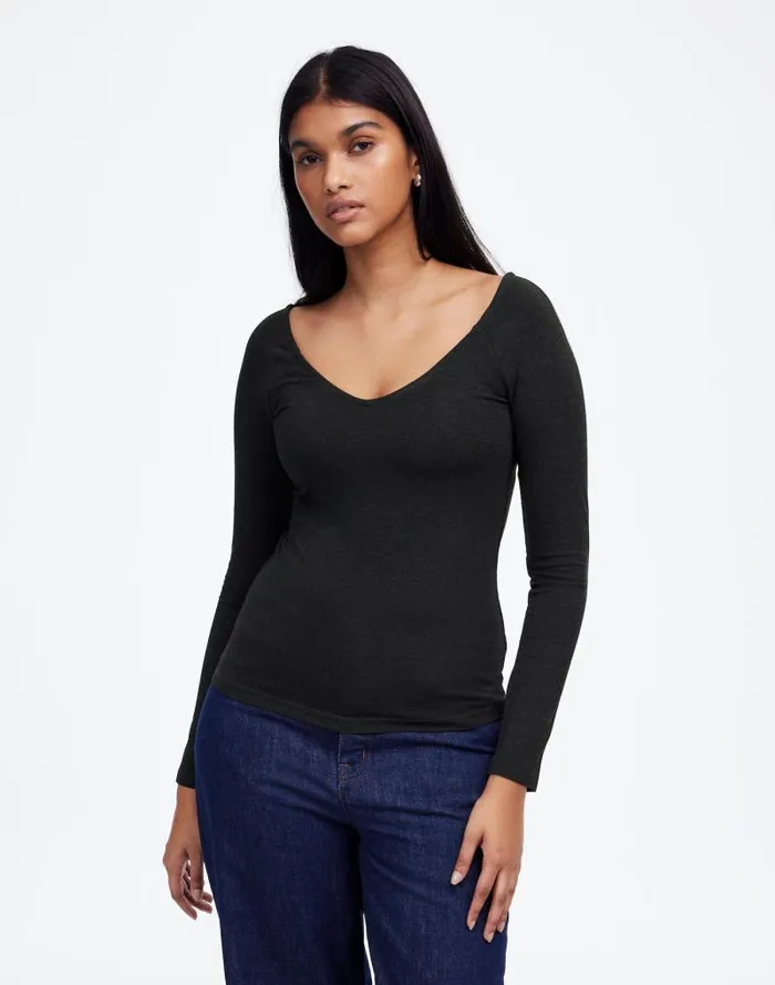 Women Jersey VNeck LongSleeve Top Hthr Charcoal Madewell Tops and Shirts