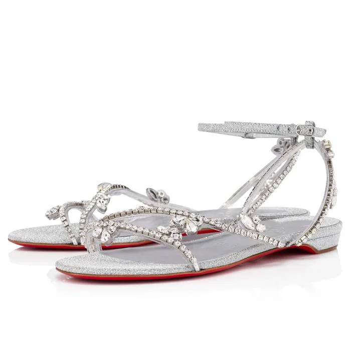 Women Joli Queenie Sandals 8211 Glittered Calf Leather And PVC 8211 Silver Silver Christian Louboutin Flats Women Joli Queenie Sandals 8211 Glittered Calf Leather And PVC 8211 Silver Silver Christian Louboutin Flats