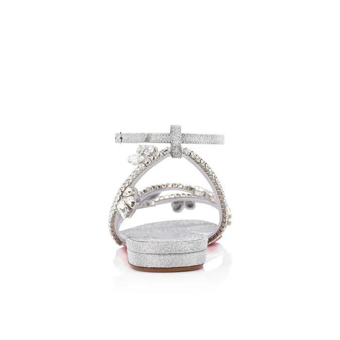 Women Joli Queenie Sandals 8211 Glittered Calf Leather And PVC 8211 Silver Silver Christian Louboutin Flats