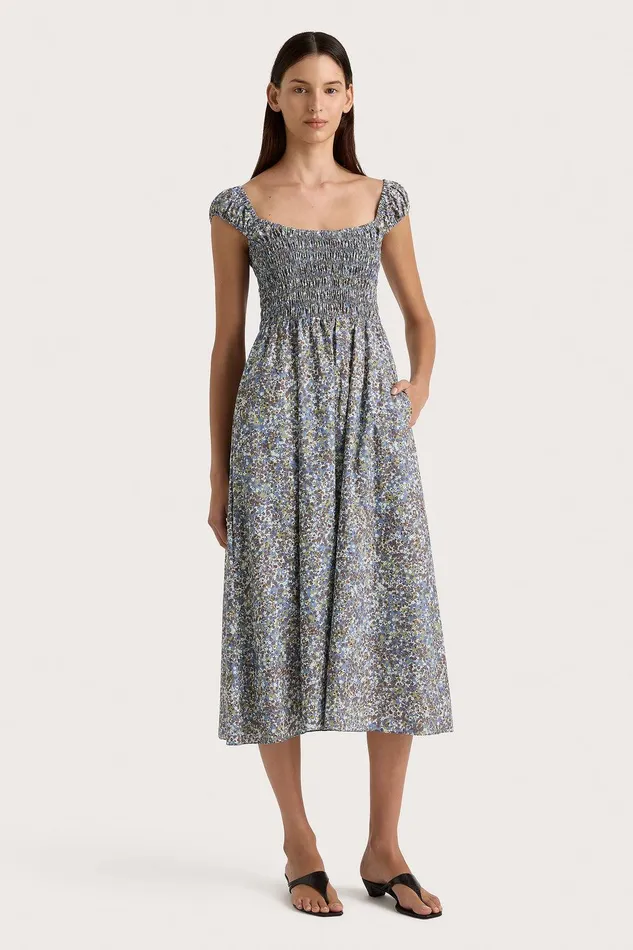 Women Lene Midi Dress Meander Blue Faithfull The Brand Dresses Women Lene Midi Dress Meander Blue Faithfull The Brand Dresses