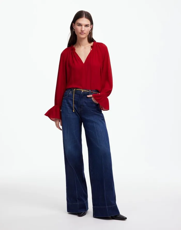 Women LongSleeve TieNeck Top Crimson Berry Madewell Tops and Shirts