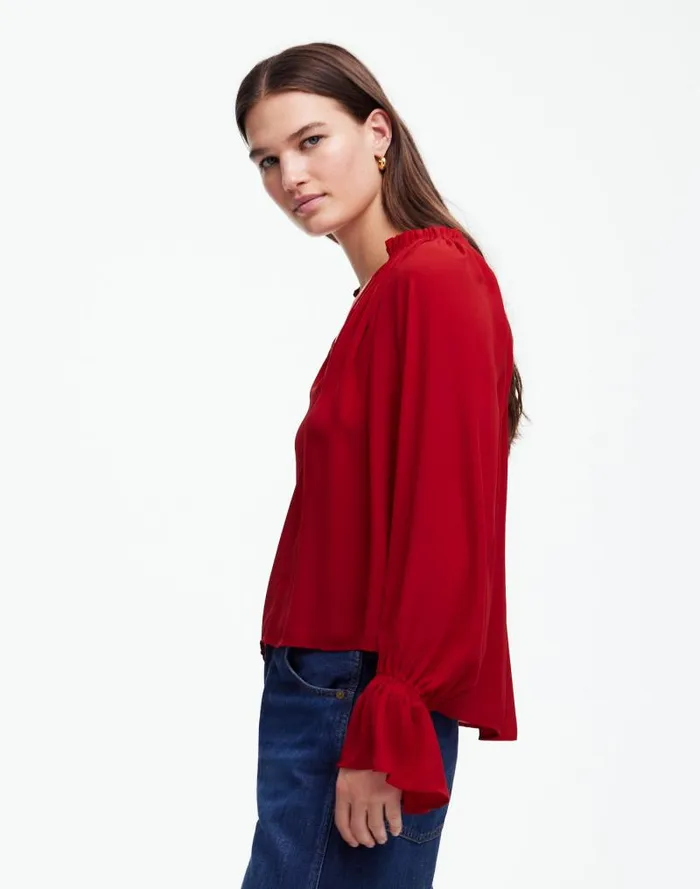 Women LongSleeve TieNeck Top Crimson Berry Madewell Tops and Shirts