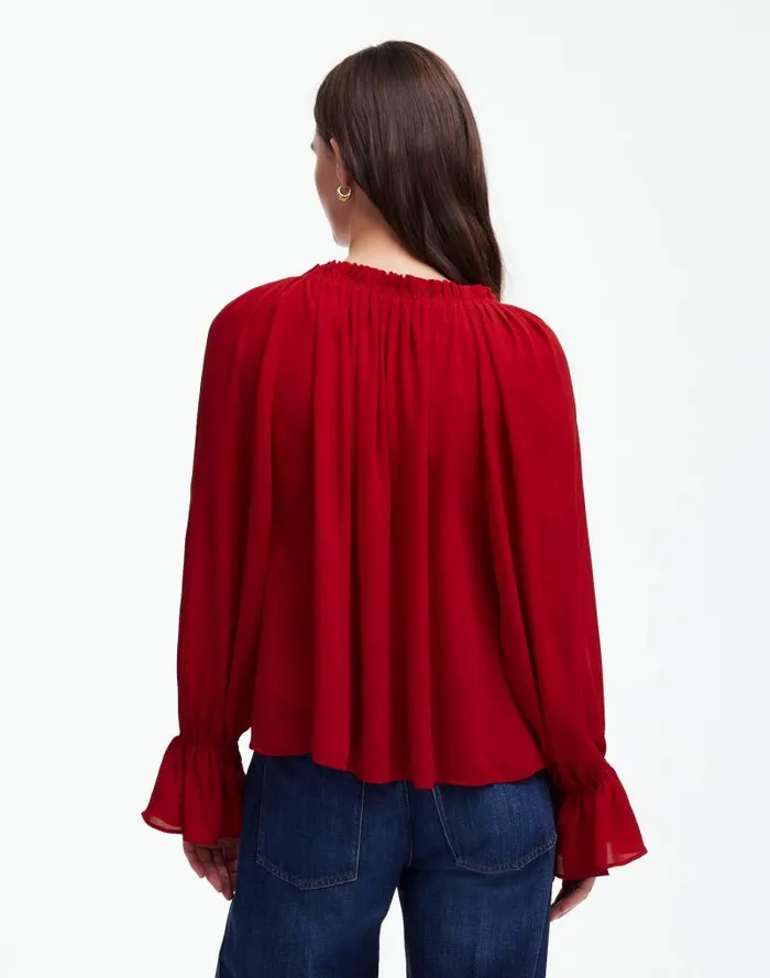 Women LongSleeve TieNeck Top Crimson Berry Madewell Tops and Shirts