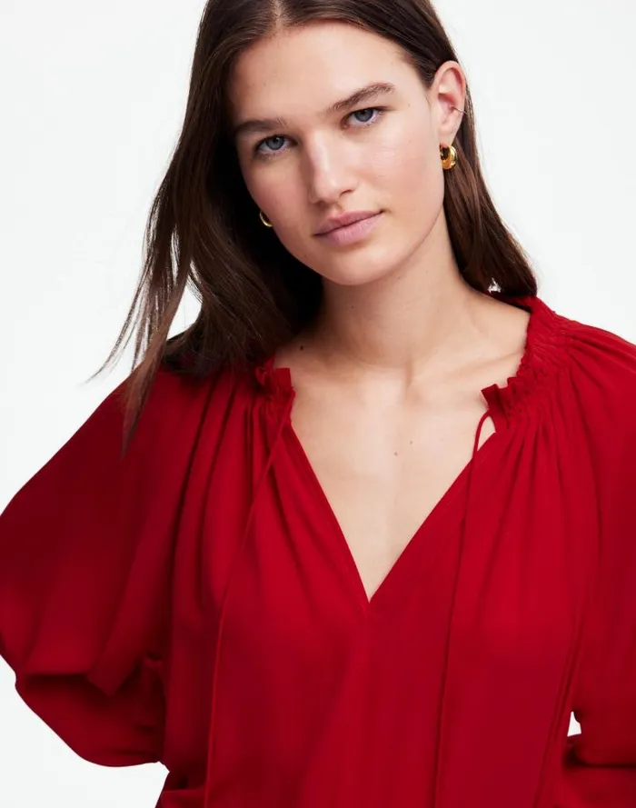 Women LongSleeve TieNeck Top Crimson Berry Madewell Tops and Shirts