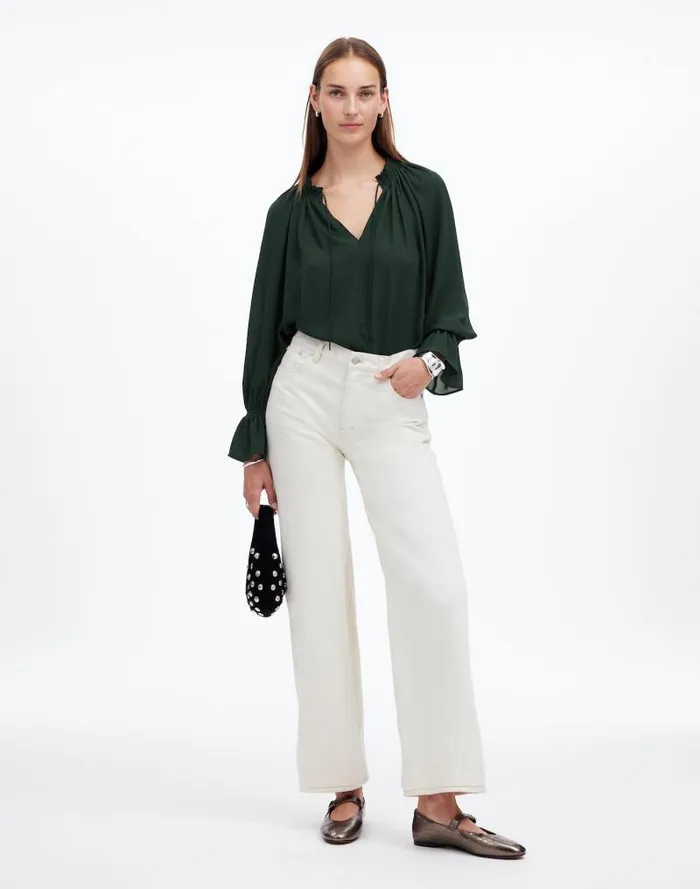 Women LongSleeve TieNeck Top Luxury Forest Madewell Tops and Shirts