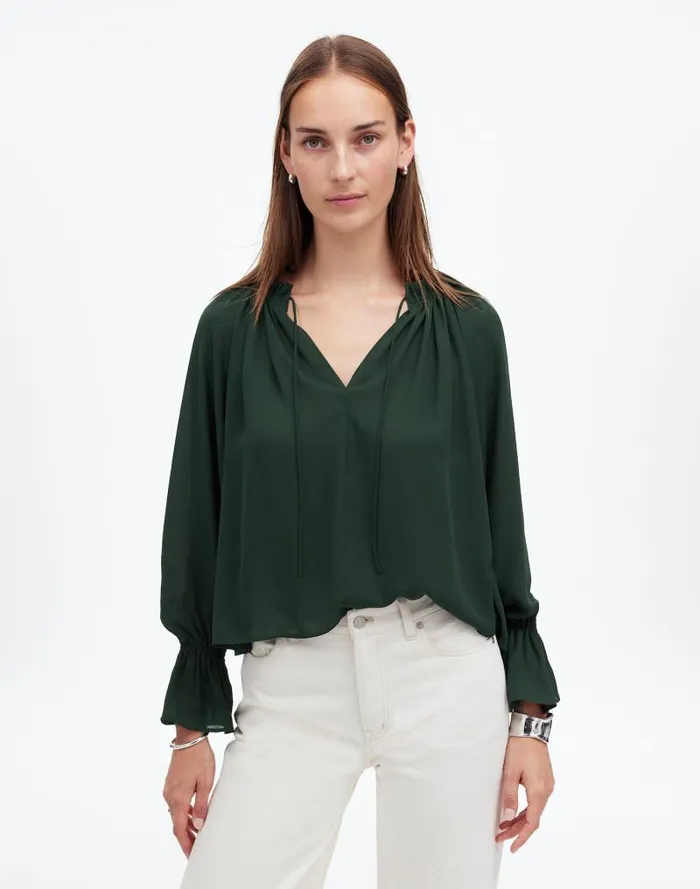 Women LongSleeve TieNeck Top Luxury Forest Madewell Tops and Shirts
