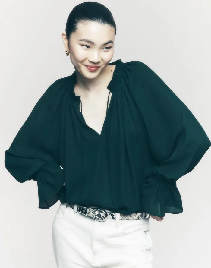 Women LongSleeve TieNeck Top Luxury Forest Madewell Tops and Shirts