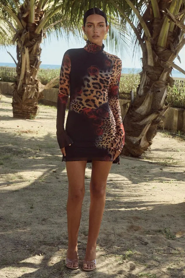 Women Long Sleeved Dresses Runaway The Label JORDI MINI DRESS Black Leopard