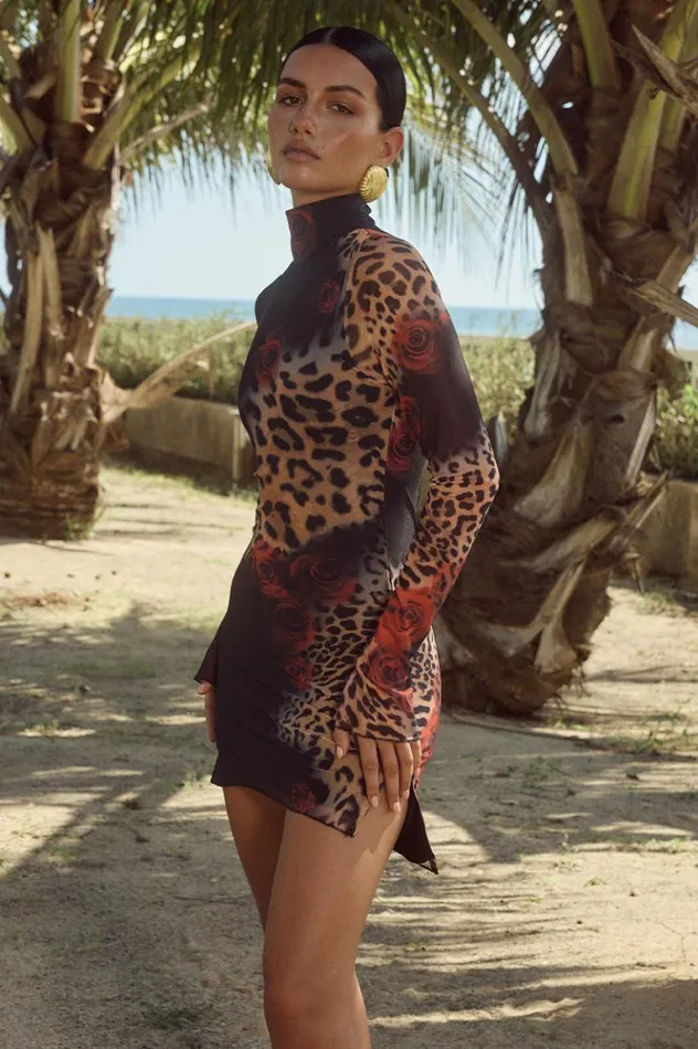 Women Long Sleeved Dresses Runaway The Label JORDI MINI DRESS Black Leopard