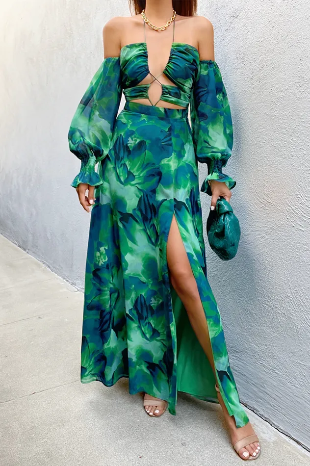 Women Long Sleeved Dresses Runaway The Label Karma Maxi Dress Green Floral