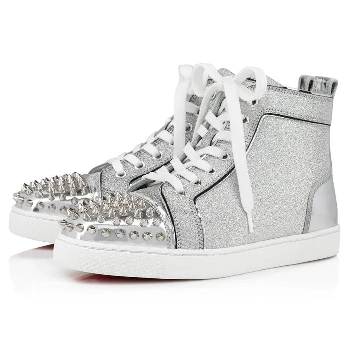 Women Lou Spikes Woman Hightop Sneakers 8211 Specchio Leather And Glittered Calf Leather 8211 Silver Silver Christian Louboutin Sneakers