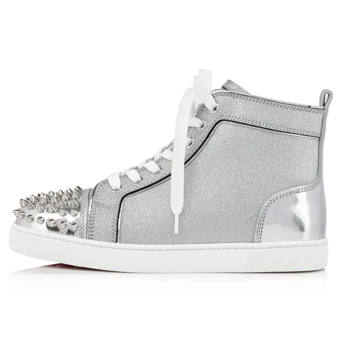 Women Lou Spikes Woman Hightop Sneakers 8211 Specchio Leather And Glittered Calf Leather 8211 Silver Silver Christian Louboutin Sneakers