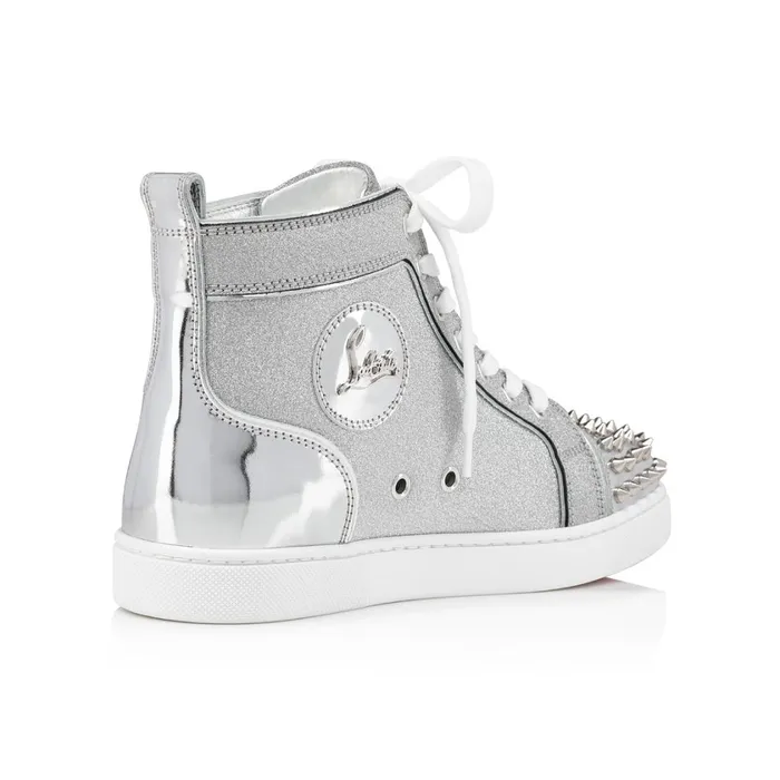 Women Lou Spikes Woman Hightop Sneakers 8211 Specchio Leather And Glittered Calf Leather 8211 Silver Silver Christian Louboutin Sneakers