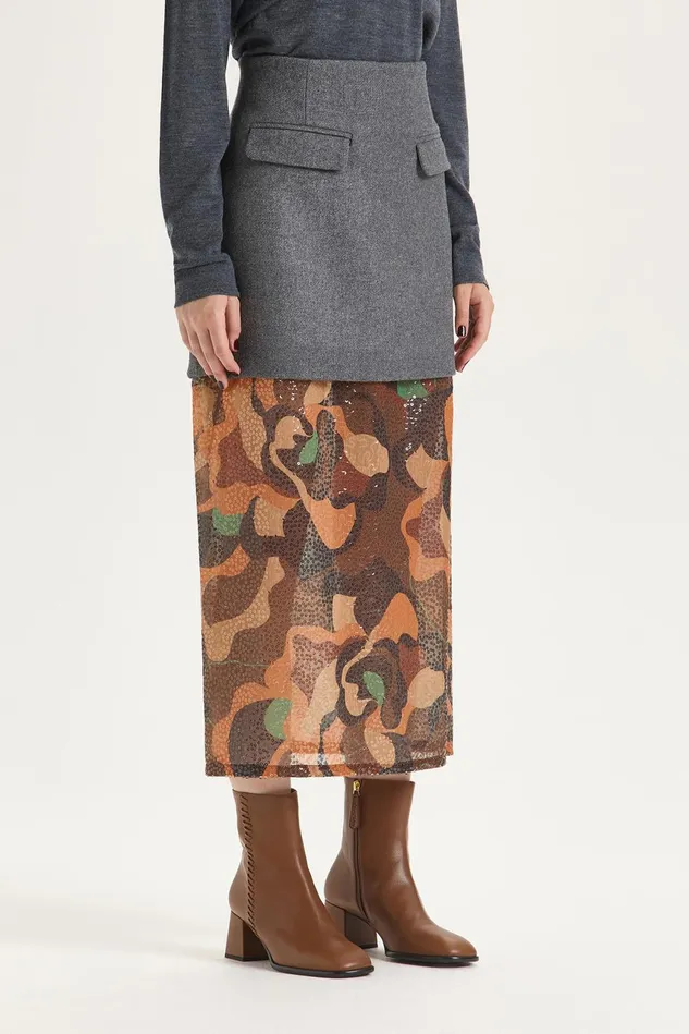 Women Malparmi Skirts Carved Rose Sequins Skirt Orangeblackbrown