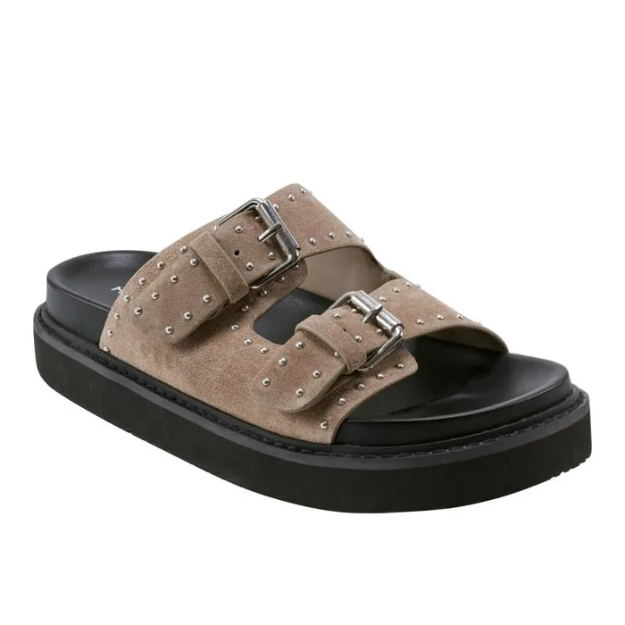 Women Marc Fisher Mules and Slides Agusta Studded Slide Sandal Taupe Suede