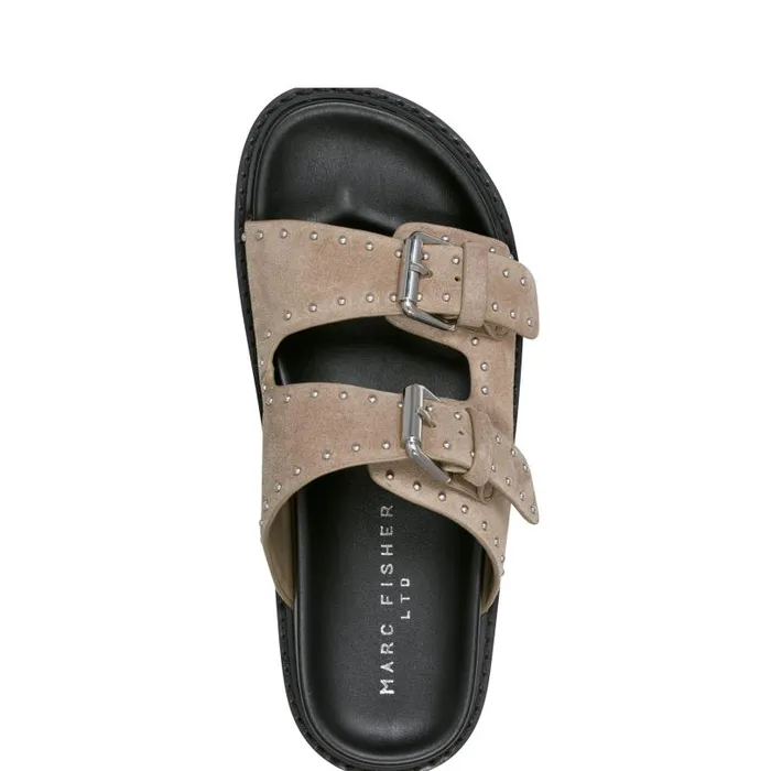 Women Marc Fisher Mules and Slides Agusta Studded Slide Sandal Taupe Suede