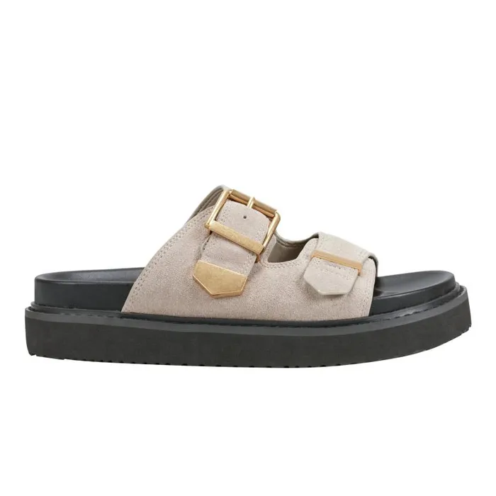 Women Marc Fisher Mules and Slides Amirra Buckle Slide Sandal Taupe Suede