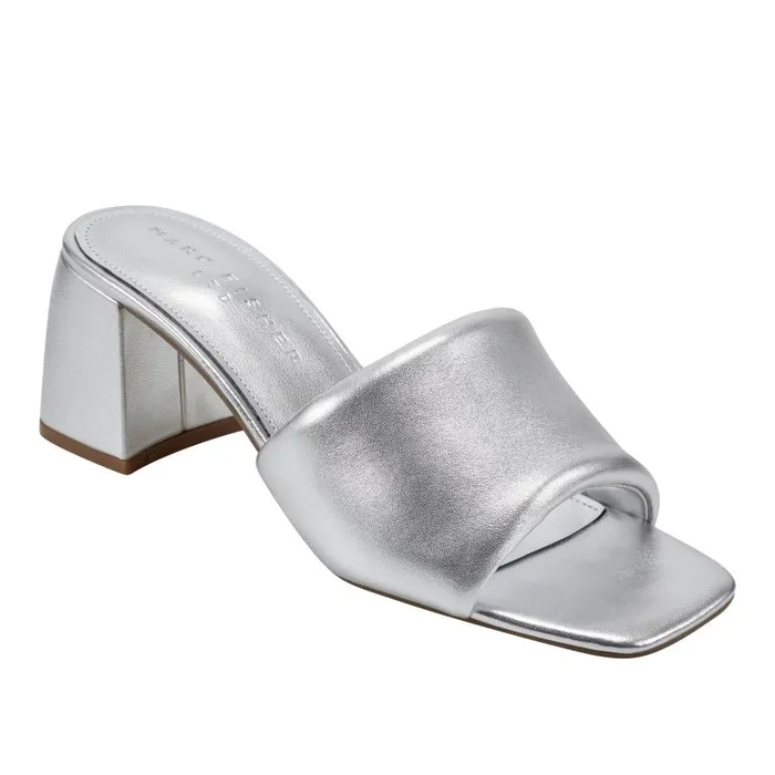 Women Marc Fisher Mules and Slides Nombra Block Heel Slide Sandal Silver
