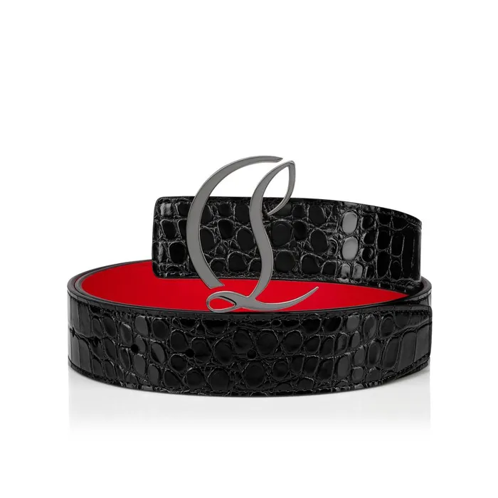WomenMen CL Logo Belt Belt 8211 Embossed Calf Leather And Metal 8211 Black Black Christian Louboutin Belts
