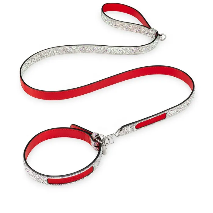 WomenMen Loubileash M Pet Leash 8211 Metallic Suede Strass And Rubber 8211 Silver Silver Christian Louboutin Pet Accessories