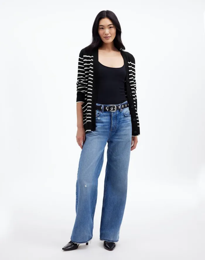 Women Merino Wool Boyfriend Cardigan True Black Stripe Madewell Sweaters