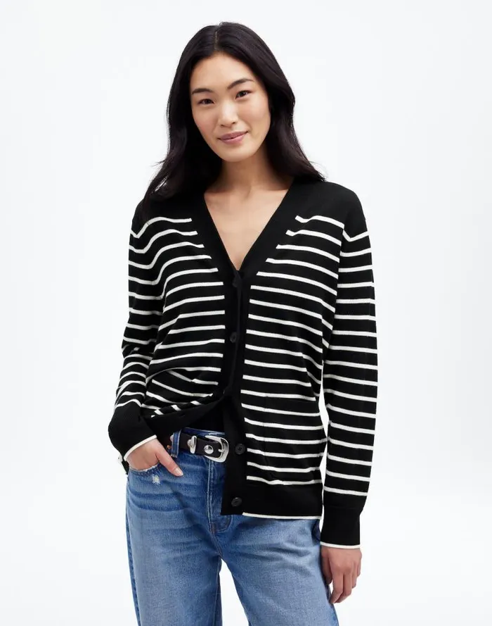 Women Merino Wool Boyfriend Cardigan True Black Stripe Madewell Sweaters