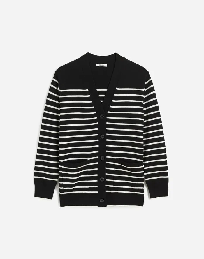 Women Merino Wool Boyfriend Cardigan True Black Stripe Madewell Sweaters