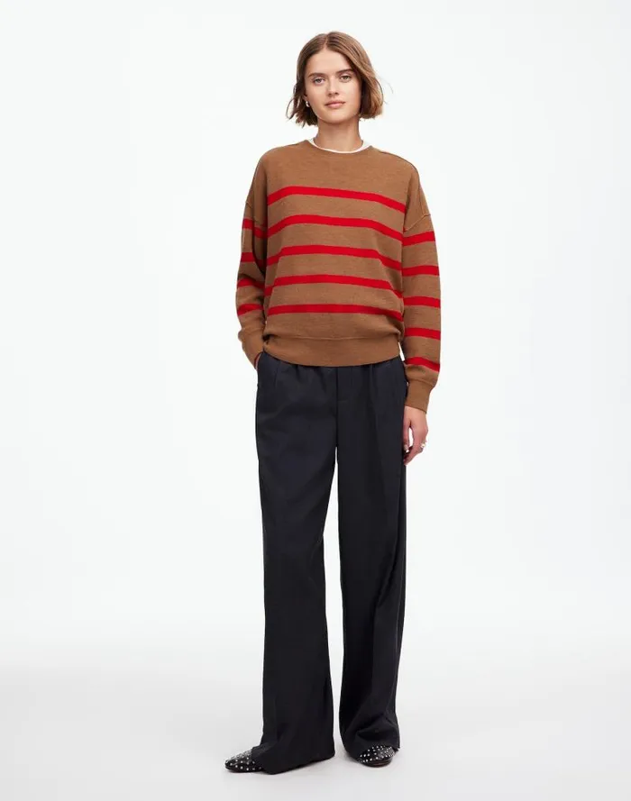 Women Merino Wool Pullover Sweater Camel Stripe Madewell Sweaters