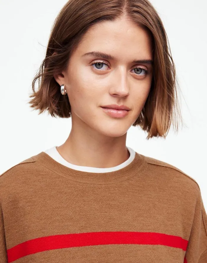 Women Merino Wool Pullover Sweater Camel Stripe Madewell Sweaters