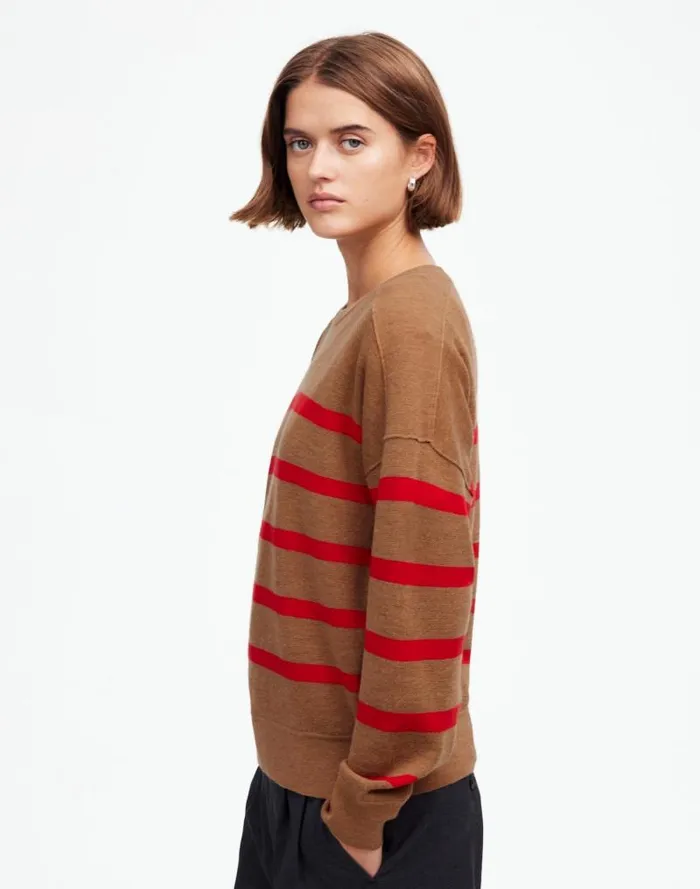 Women Merino Wool Pullover Sweater Camel Stripe Madewell Sweaters