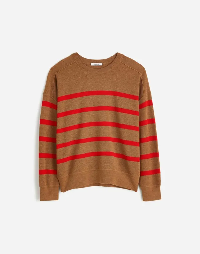Women Merino Wool Pullover Sweater Camel Stripe Madewell Sweaters