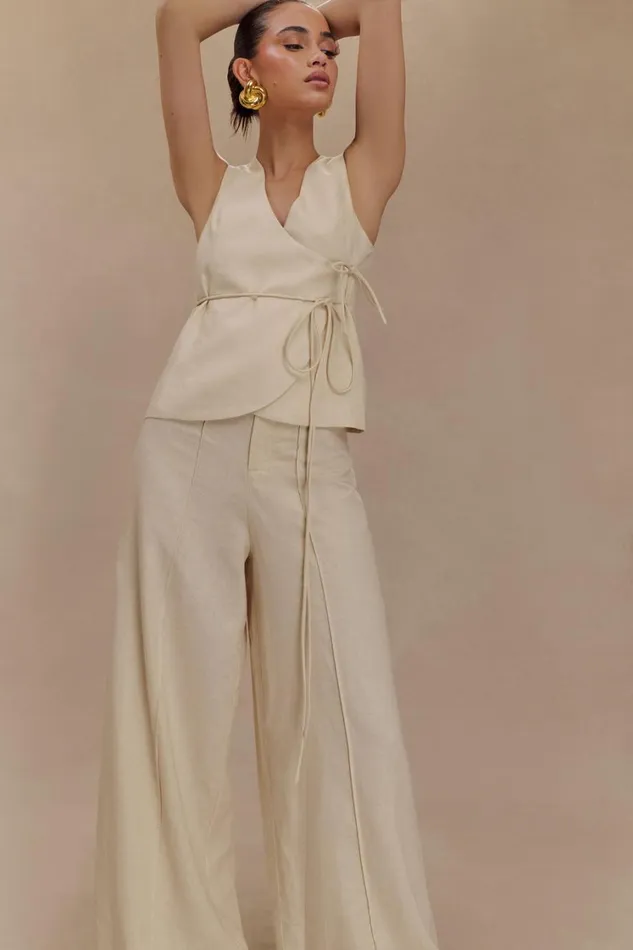 Women Meshki Bottoms Brandi Linen Straight Leg Pant 8211 Wheat Marle