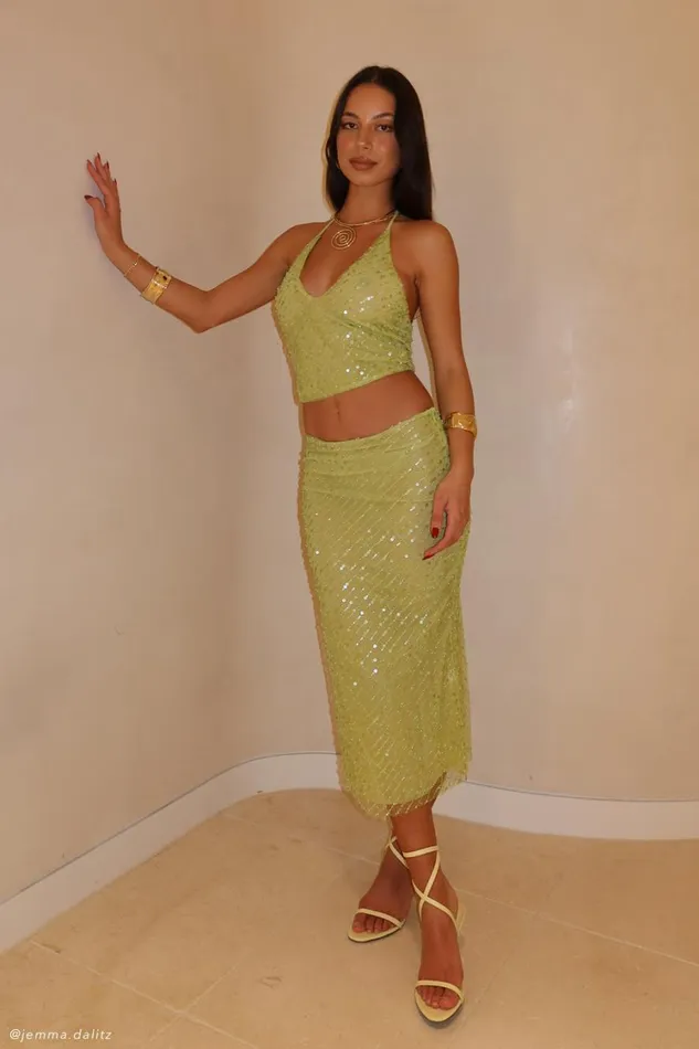 Women Meshki Bottoms Brynne Sequin Midi Skirt 8211 Parakeet Green