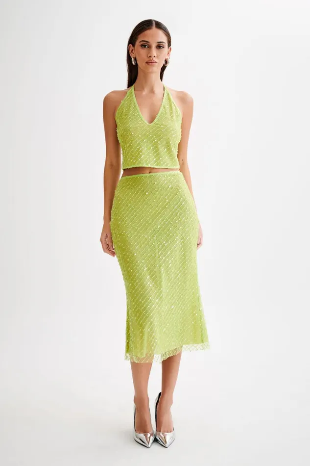 Women Meshki Bottoms Brynne Sequin Midi Skirt 8211 Parakeet Green